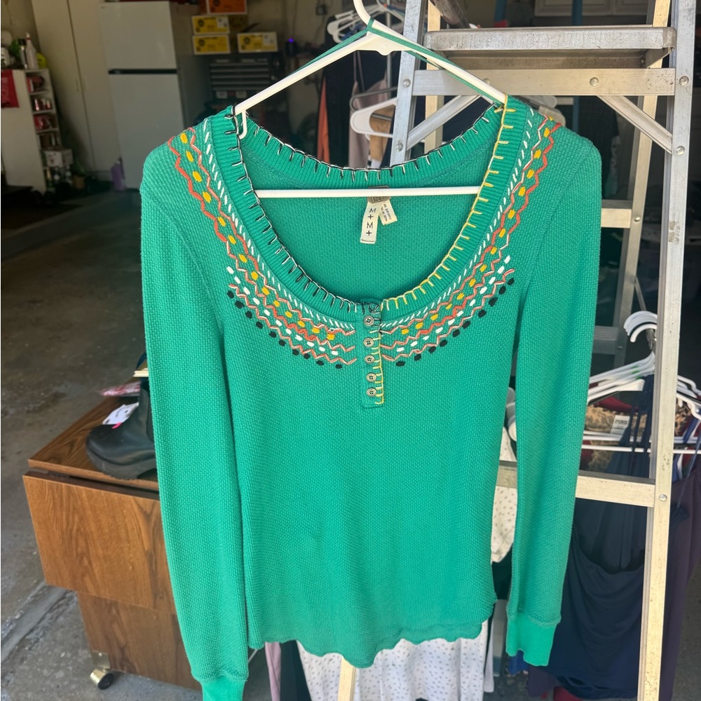 Free People Vibrant Green Embroidered Long Sleeve Top